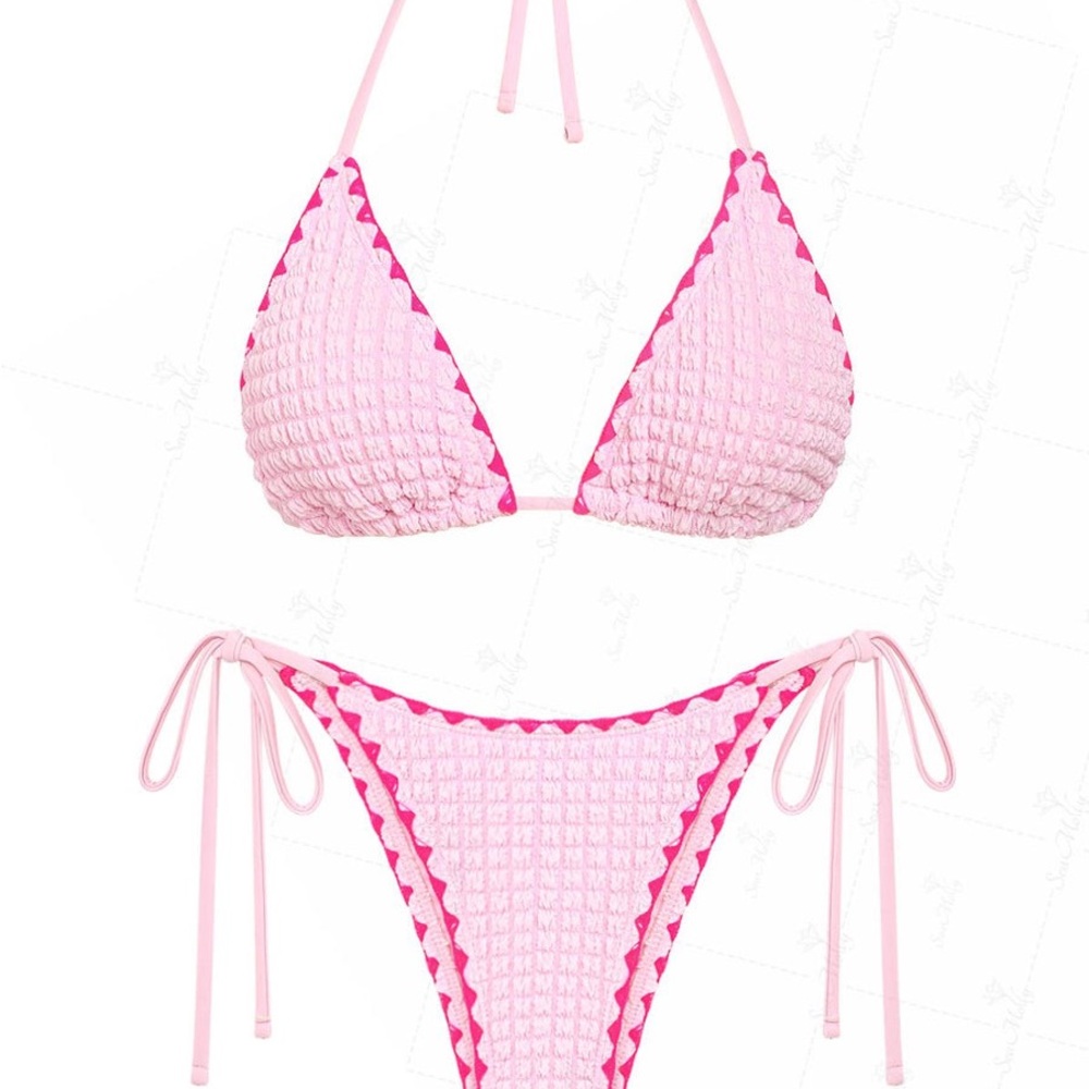 Seamolly Pink Textured Triangle Bikini with Hot Pink Trim NWT